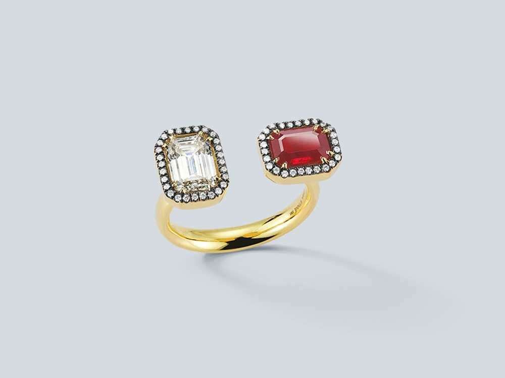 emerald cut diamond ring с рубином и бриллиантом